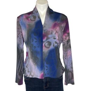 CLARA SUN WOO Blouse Multi Color Patterned Long Sleeve Ruched Sides V Neck Med